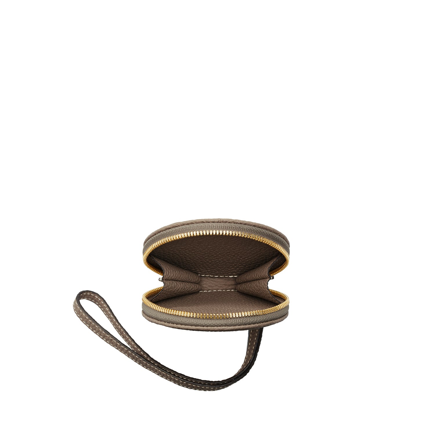 Round gusseted coin case in shrink leather