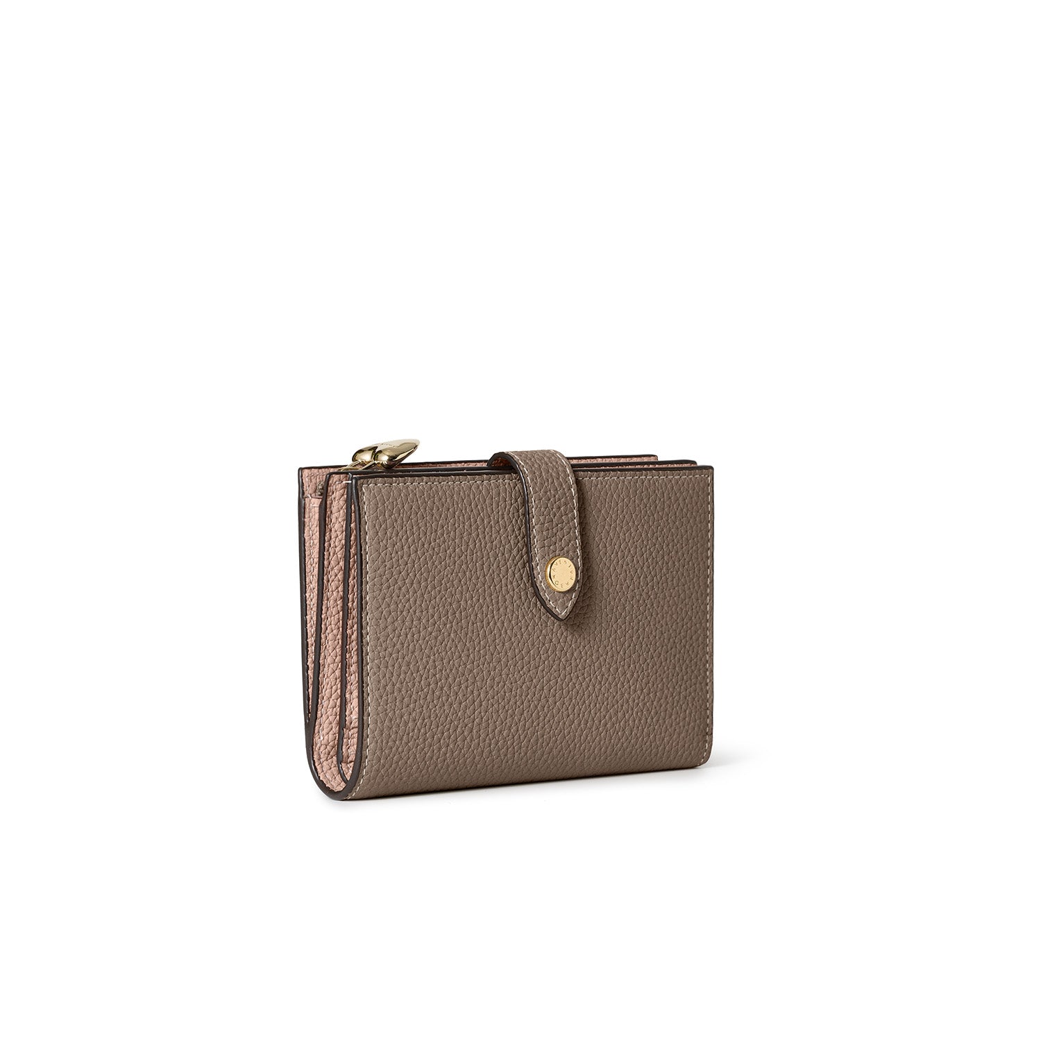 ハートプラー付き ベルテッド マルチ ミディアムウォレット シュリンクレザー エトープ × アーモンドピンク