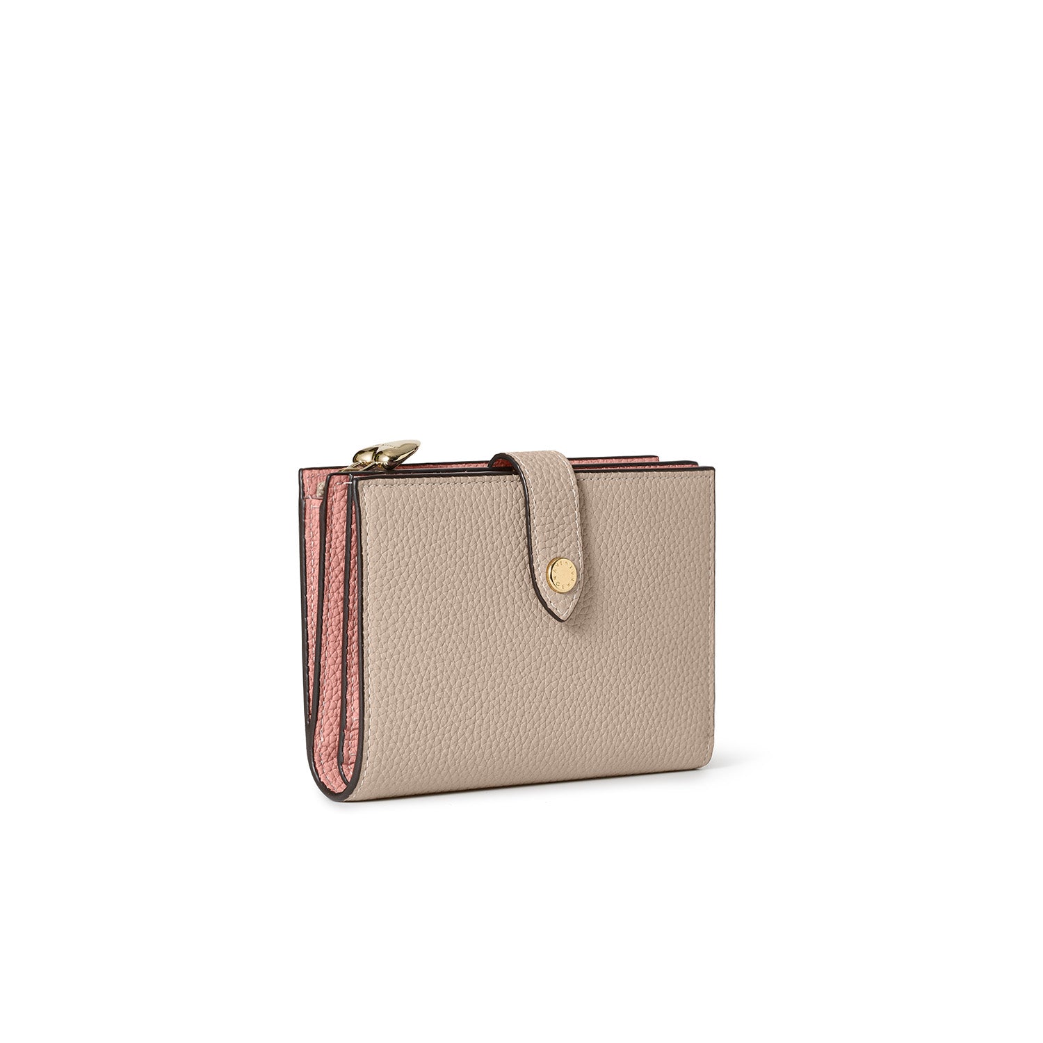 ハートプラー付き ベルテッド マルチ ミディアムウォレット シュリンクレザー グレージュ × コーラル