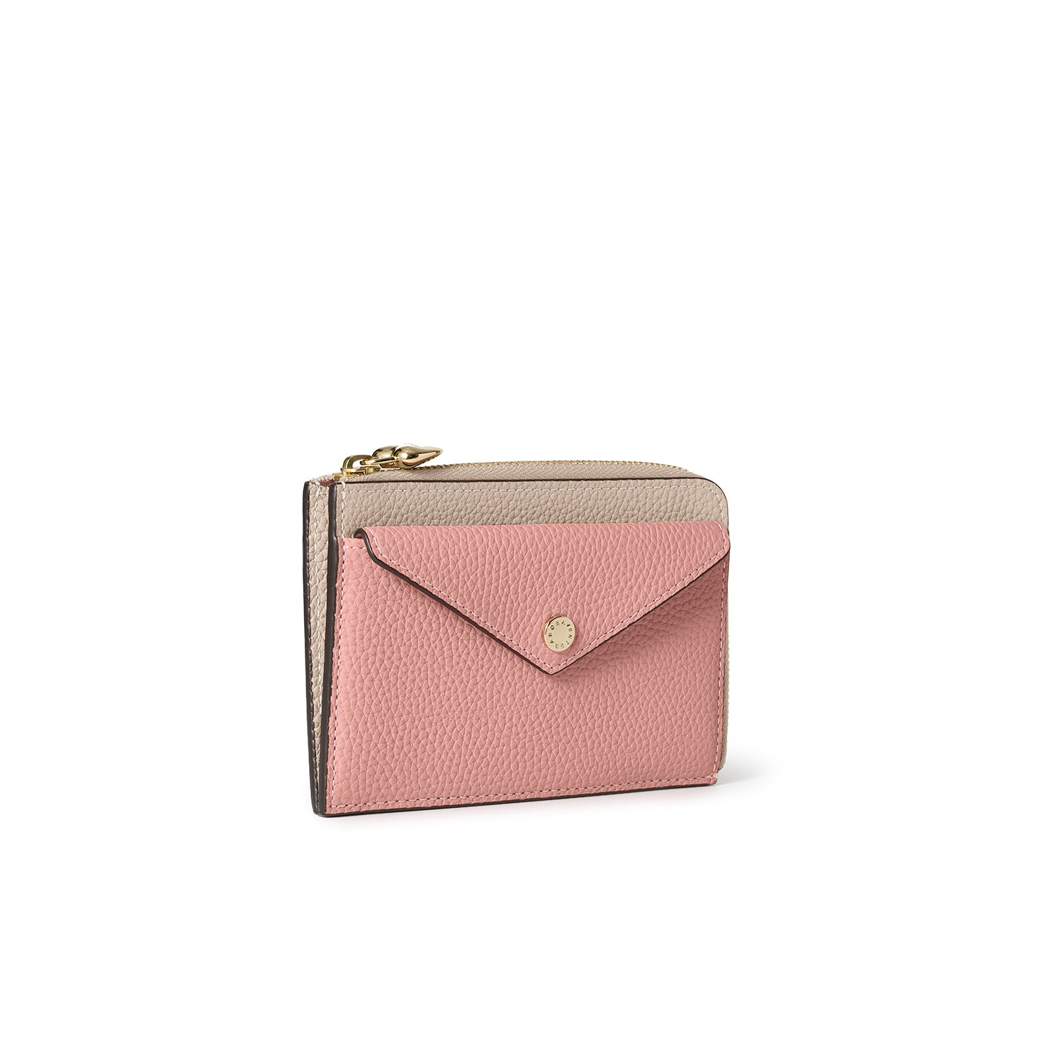 ハートプラー付き エンベロープ ミニジップ ウォレット シュリンクレザー シュリンクレザー グレージュ × コーラル