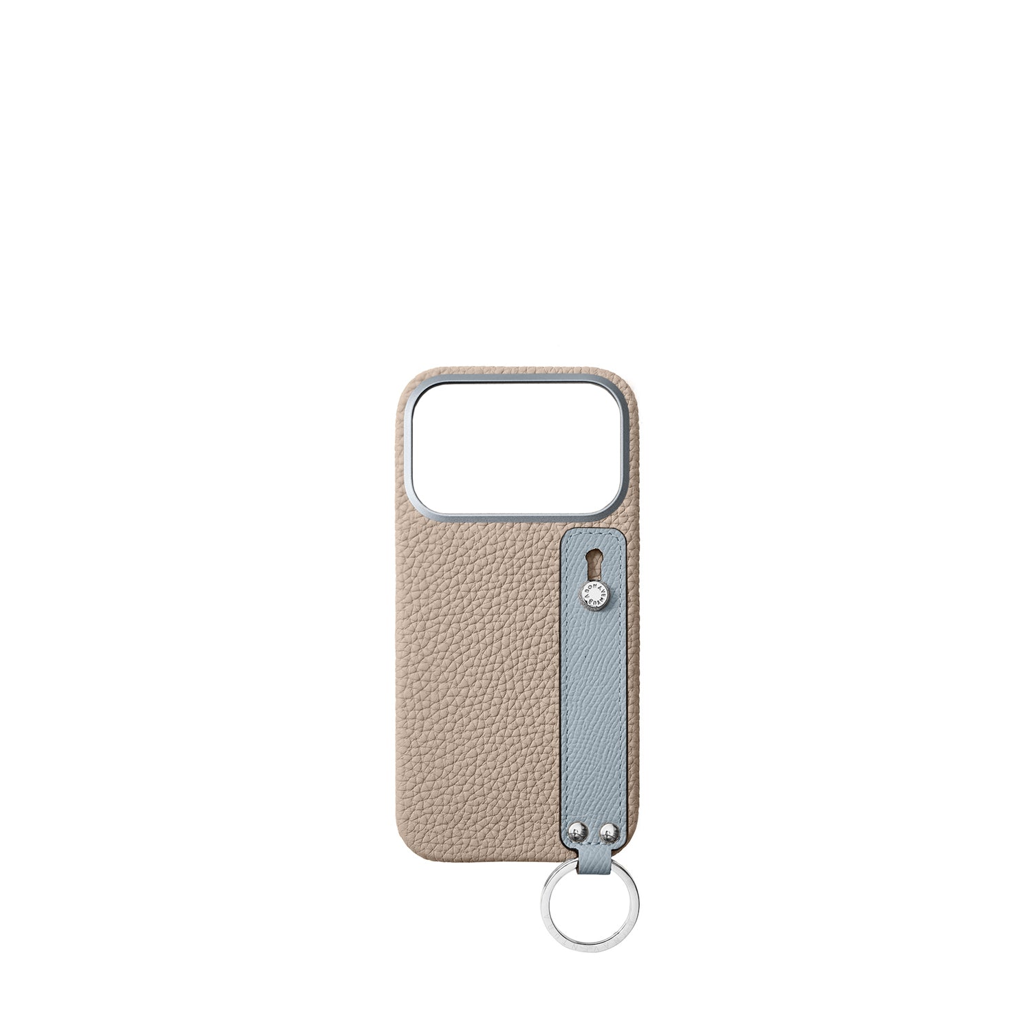 (iPhone 17 Pro) ハンドル付き バックカバーケース シュリンクレザー グレージュ × ブルーリン