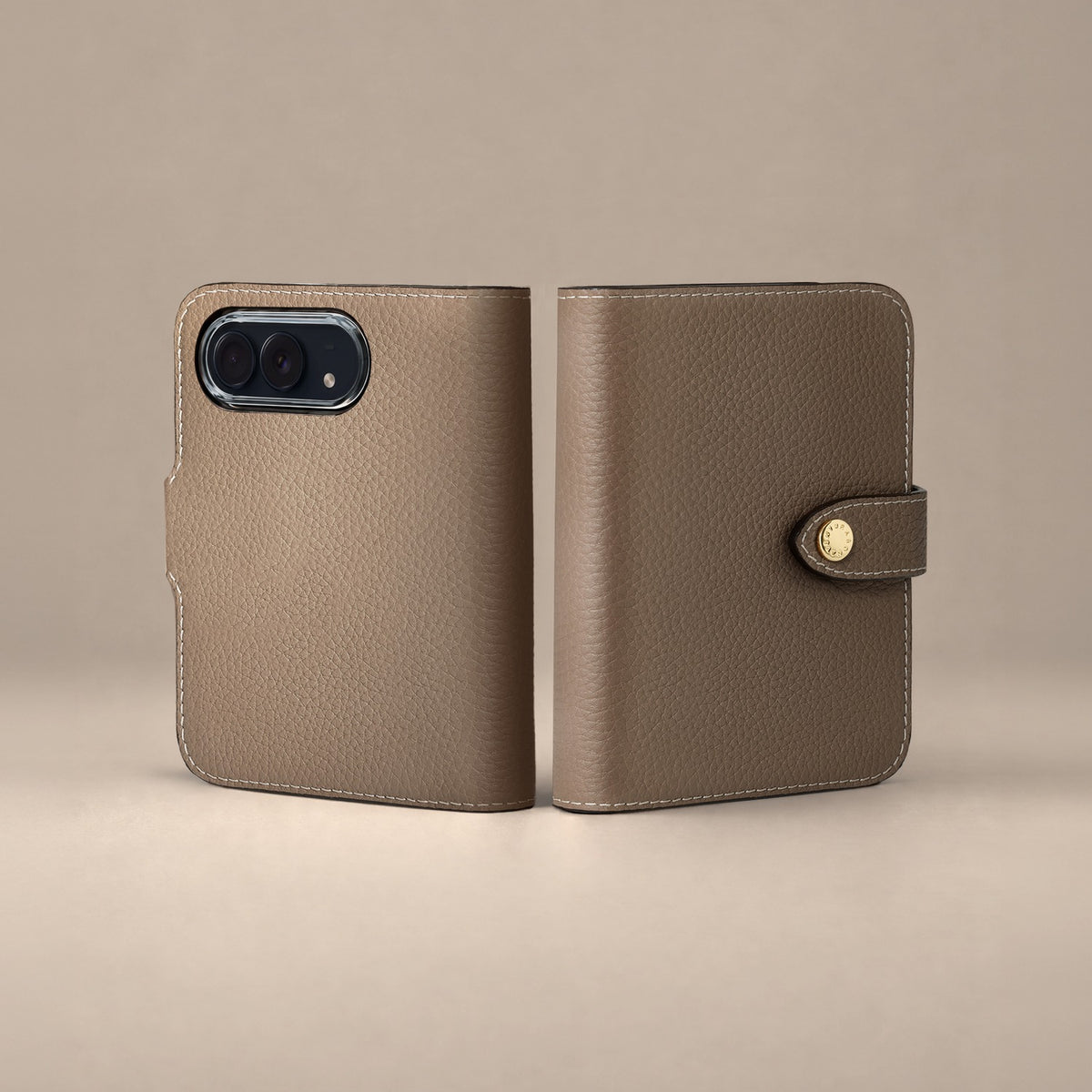 Taupe BONAVENTURA iPhone Duo leather case, front and back views